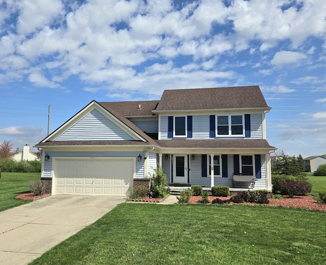traditional-style house featuring driveway, brick siding, a garage, a front yard, and a porch