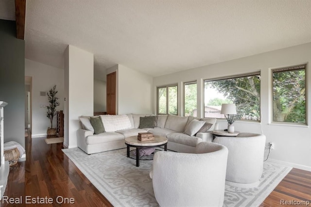 living area featuring a textured ceiling, baseboards, wood finished floors, and lofted ceiling