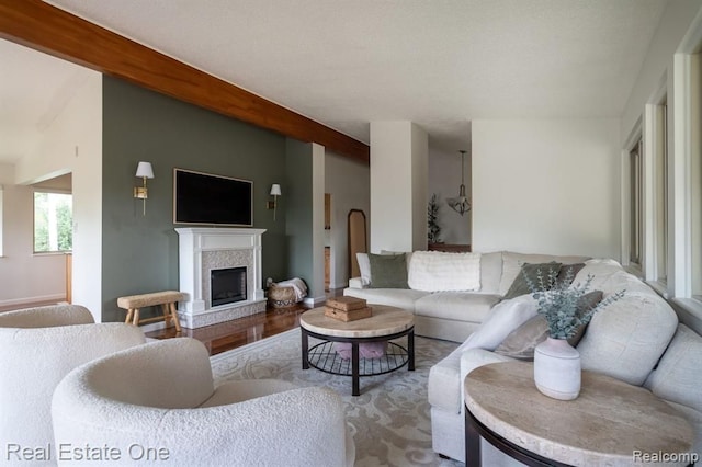 living area with a fireplace with raised hearth and wood finished floors