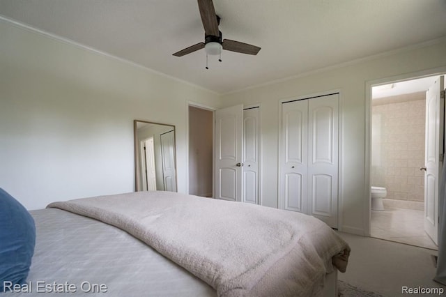 bedroom featuring ceiling fan, crown molding, multiple closets, ensuite bathroom, and carpet flooring