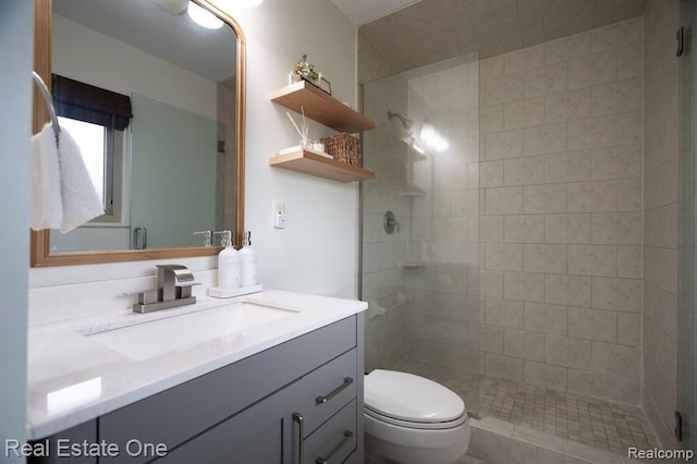 bathroom with vanity, a shower stall, and toilet