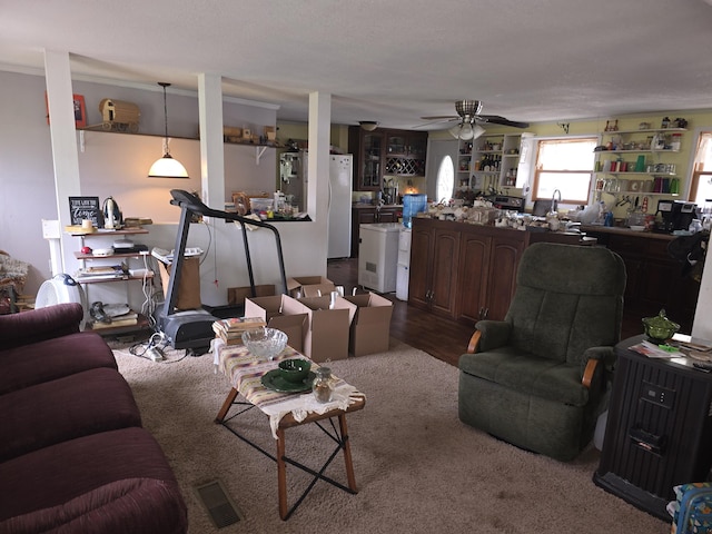 living room with visible vents, a ceiling fan, and wood finished floors