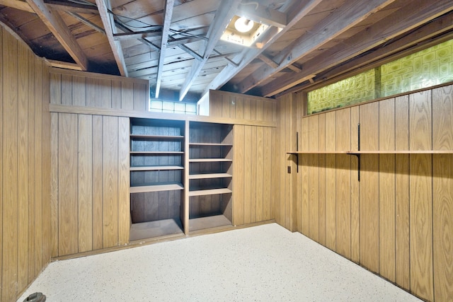 finished below grade area featuring wooden walls