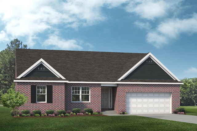 view of front of house featuring brick siding, a shingled roof, a front lawn, and a garage