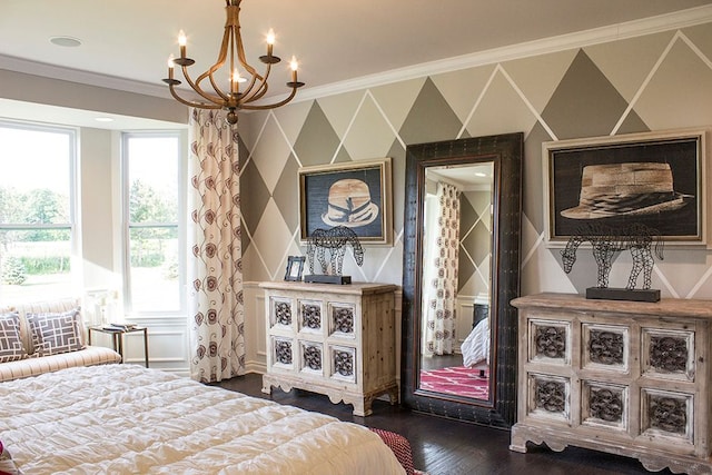 bedroom featuring crown molding, wallpapered walls, dark wood-type flooring, and an inviting chandelier