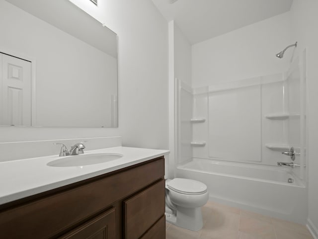 full bath featuring toilet, shower / bath combination, tile patterned flooring, and vanity