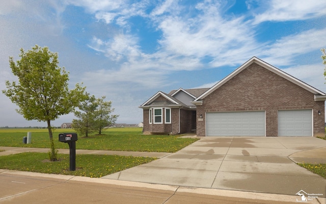 ranch-style house featuring brick siding, an attached garage, driveway, and a front yard