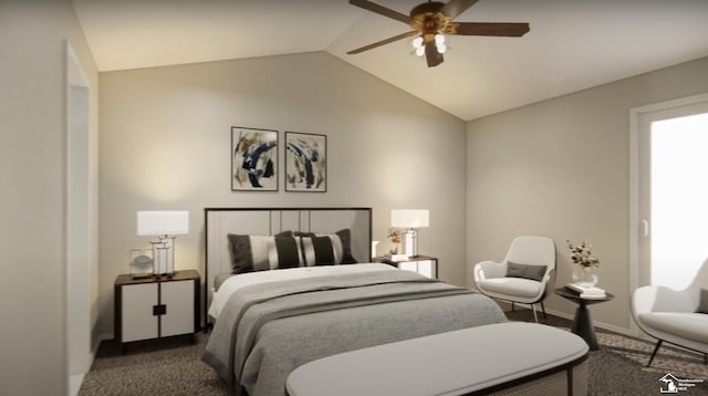bedroom with dark colored carpet, a ceiling fan, baseboards, and vaulted ceiling