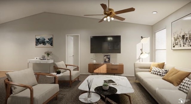 carpeted living room featuring baseboards, a ceiling fan, and vaulted ceiling