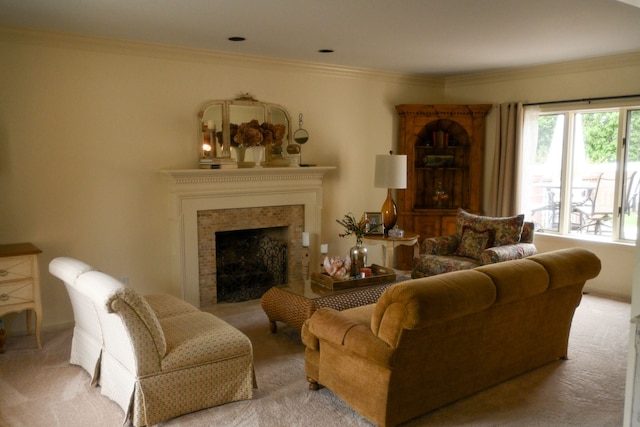 carpeted living area featuring a fireplace and ornamental molding