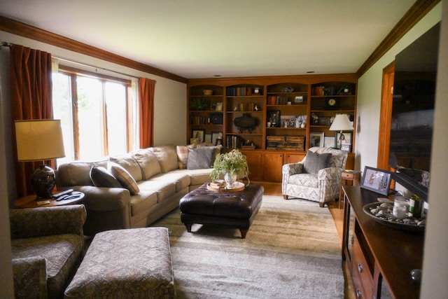 living room with crown molding and built in shelves