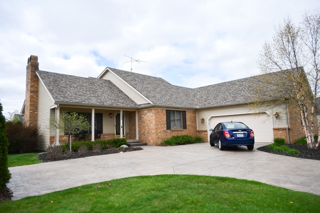 single story home featuring an attached garage, a chimney, concrete driveway, brick siding, and roof with shingles
