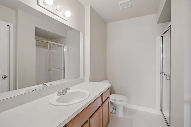 full bathroom with toilet, visible vents, a shower stall, tile patterned floors, and vanity