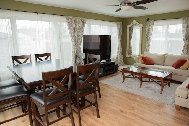 dining space with a ceiling fan, light wood-style floors, and a healthy amount of sunlight