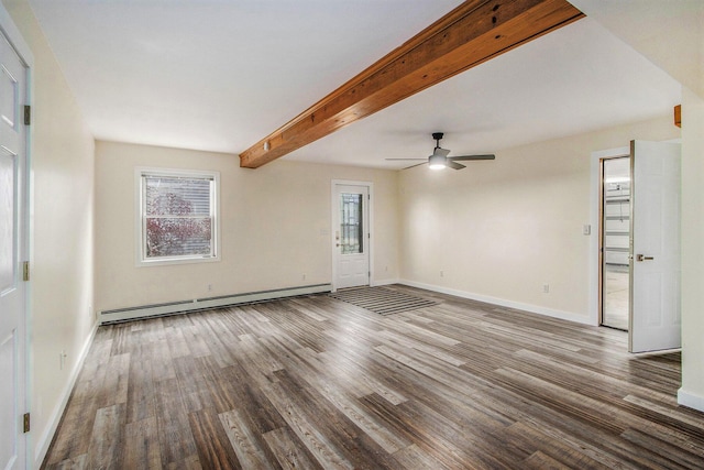 unfurnished living room with ceiling fan, beam ceiling, baseboards, wood finished floors, and a baseboard radiator