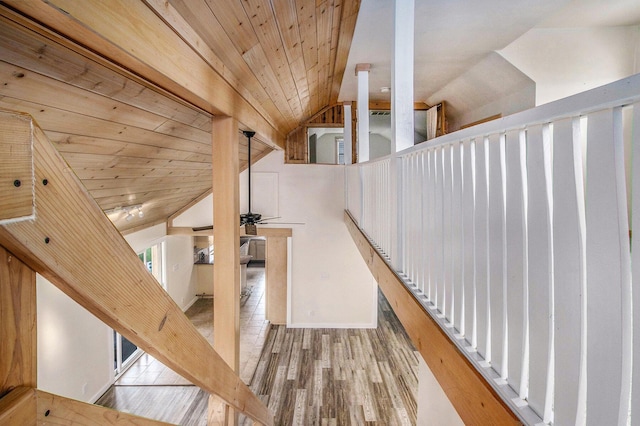 interior space with wood ceiling, ceiling fan, wood finished floors, and lofted ceiling