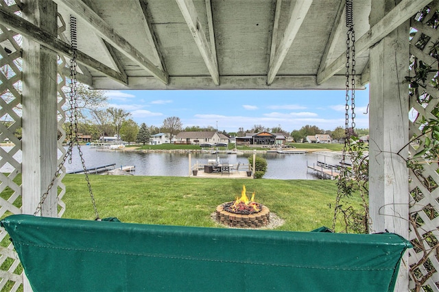 view of water feature with a residential view and an outdoor fire pit