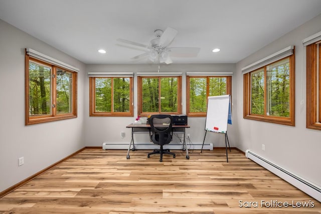 office with a ceiling fan, baseboard heating, recessed lighting, and plenty of natural light
