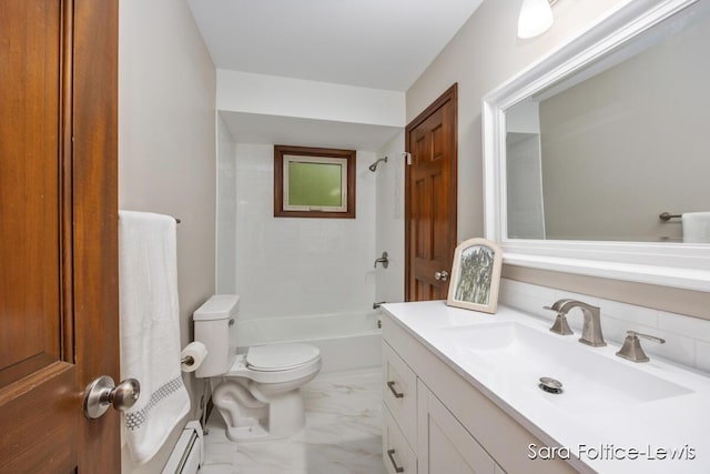 full bathroom featuring toilet, marble finish floor, vanity, a baseboard radiator, and tub / shower combination