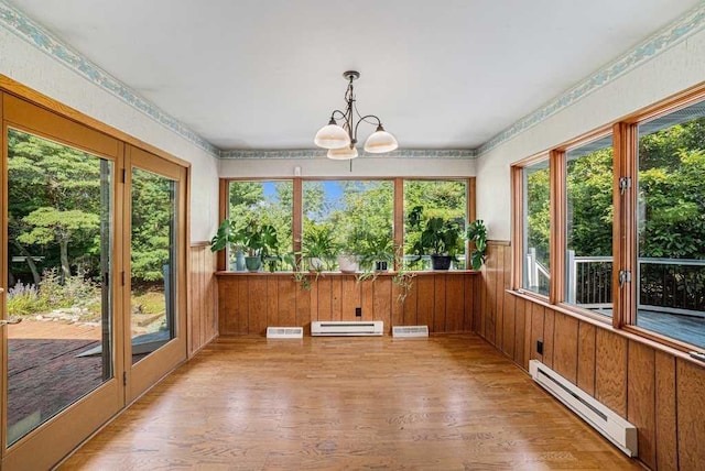 410 Orchard Ct, Saint Louis, MI 48880 - unfurnished sunroom with wood finished floors, a baseboard radiator, an inviting chandelier, baseboard heating, and wainscoting