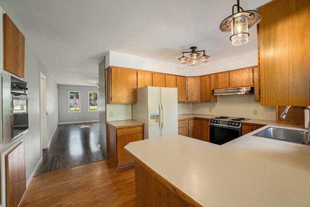 410 Orchard Ct, Saint Louis, MI 48880 - kitchen featuring a sink, range with electric cooktop, white refrigerator with ice dispenser, wall oven, and under cabinet range hood