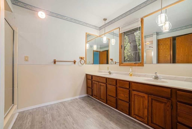 410 Orchard Ct, Saint Louis, MI 48880 - bathroom featuring a shower with door, double vanity, a sink, and wood finished floors