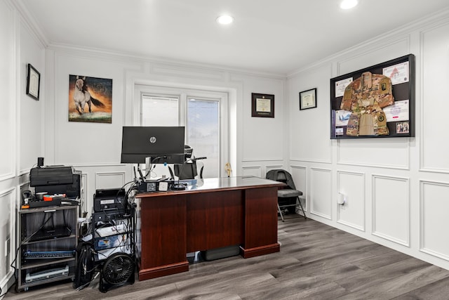 5615 Woodmire Dr, Macomb, MI 48316 - home office featuring crown molding, recessed lighting, wood finished floors, and a decorative wall