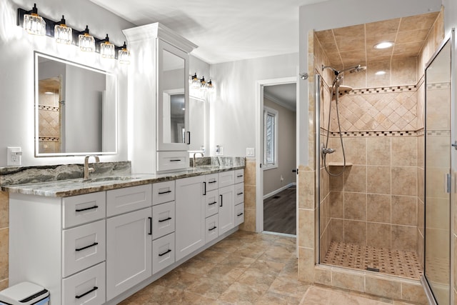5615 Woodmire Dr, Macomb, MI 48316 - full bath featuring a sink, double vanity, recessed lighting, baseboards, and a shower stall