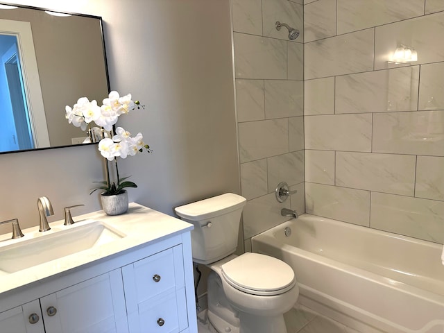 bathroom featuring toilet,  shower combination, and vanity