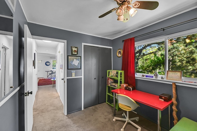2917 Whittier Ct, Ann Arbor, MI 48104 - carpeted office space featuring a ceiling fan and ornamental molding