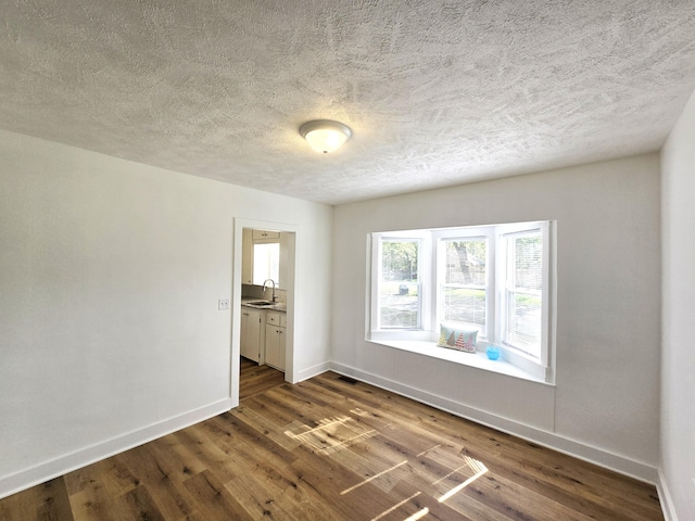 empty room featuring baseboards, a sink, dark wood finished floors, and a textured ceiling