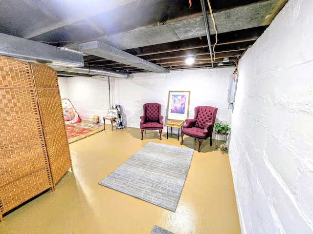unfinished basement featuring electric panel
