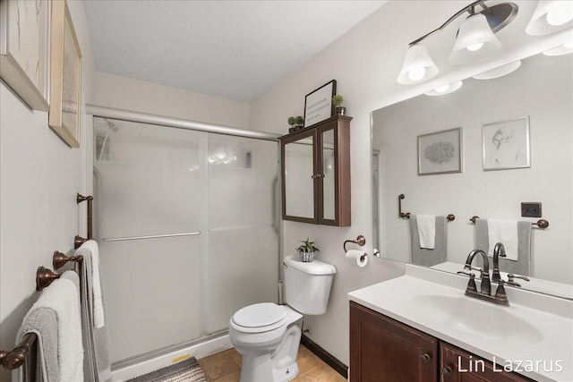 full bathroom featuring toilet, tile patterned floors, a shower stall, and vanity