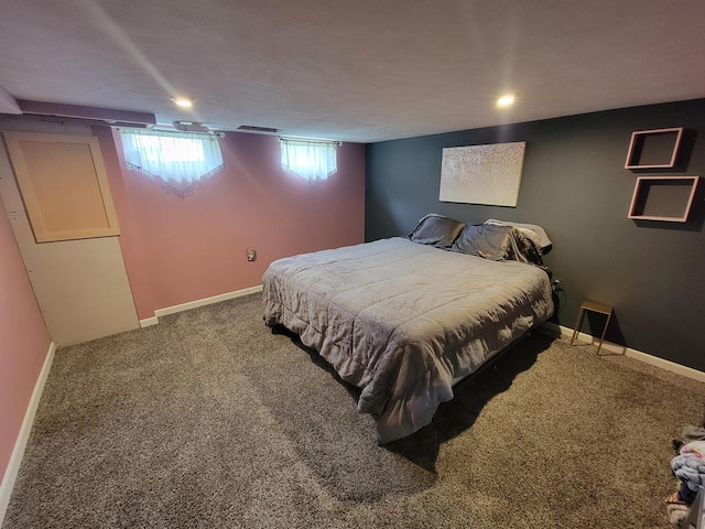 carpeted bedroom with baseboards and recessed lighting
