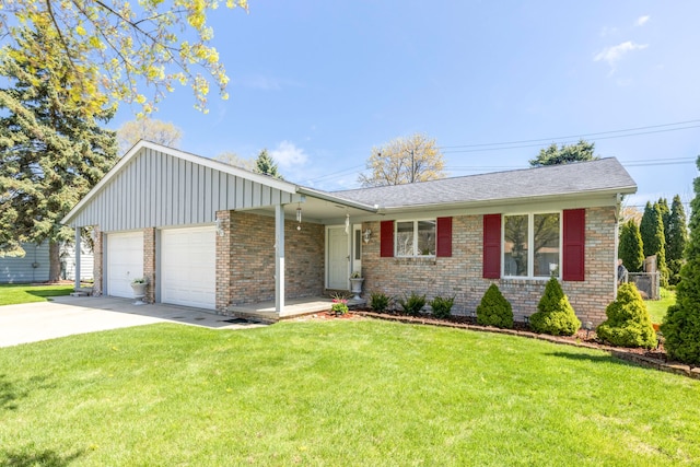 ranch-style house with brick siding, driveway, a front yard, and a garage