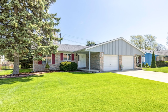 ranch-style house with fence, an attached garage, brick siding, a front yard, and driveway