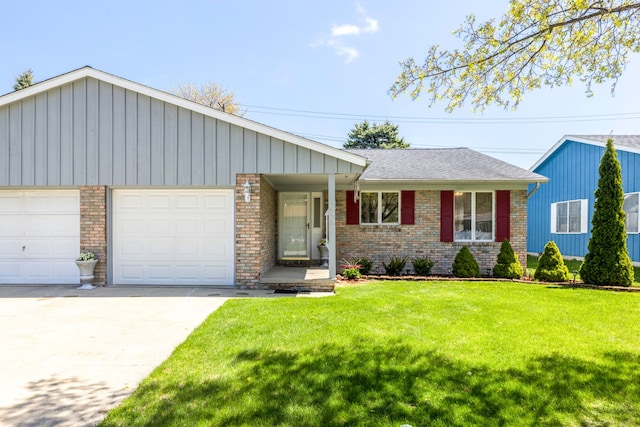 ranch-style house featuring board and batten siding, concrete driveway, a front yard, and brick siding