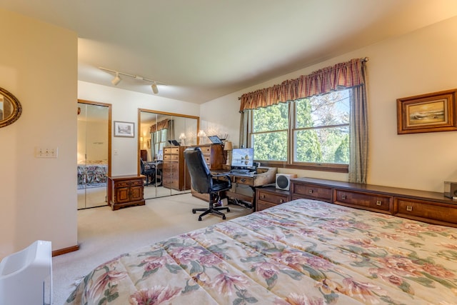 carpeted bedroom featuring track lighting and a closet