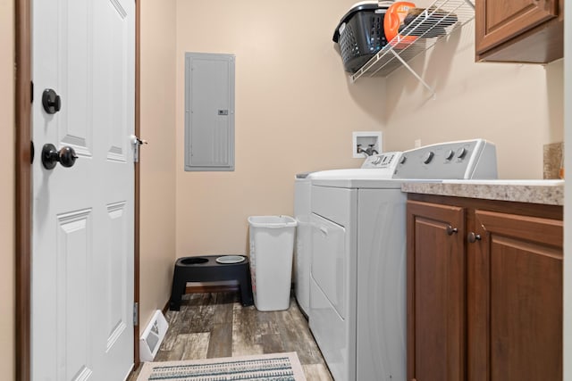 2469 Ash Te Wette Beach Dr, Hillsdale, MI 49242 - washroom featuring electric panel, visible vents, washing machine and clothes dryer, wood finished floors, and cabinet space