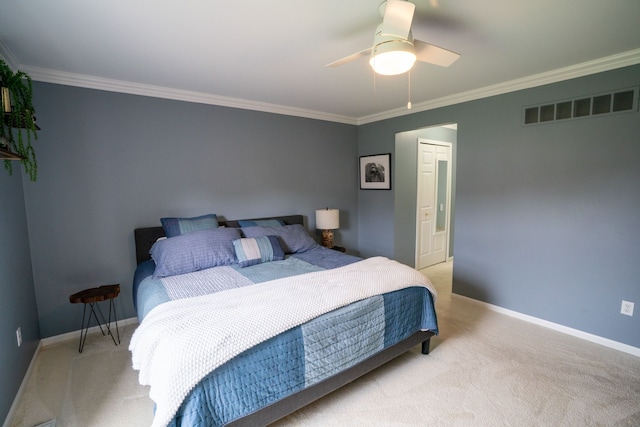 6175 Foxfire Cir, Clarkston, MI 48346 - bedroom with light colored carpet, ornamental molding, baseboards, and ceiling fan