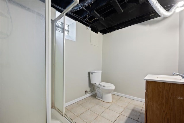 5534 Oldtown St, Detroit, MI 48224 - bathroom with tile patterned flooring, vanity, toilet, baseboards, and a shower stall