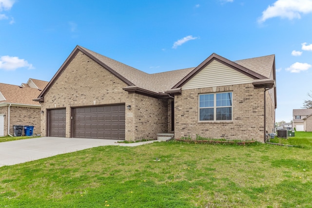 single story home featuring central air condition unit, brick siding, driveway, a garage, and a front yard
