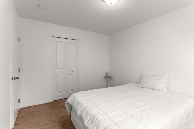 bedroom featuring carpet, a closet, and baseboards