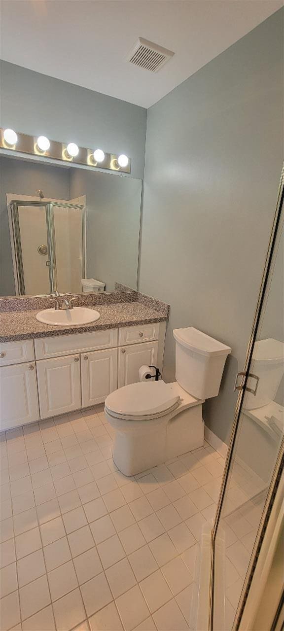 full bathroom with visible vents, a shower stall, vanity, tile patterned floors, and toilet