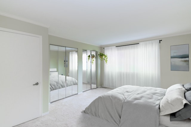 carpeted bedroom featuring ornamental molding, baseboards, and multiple closets