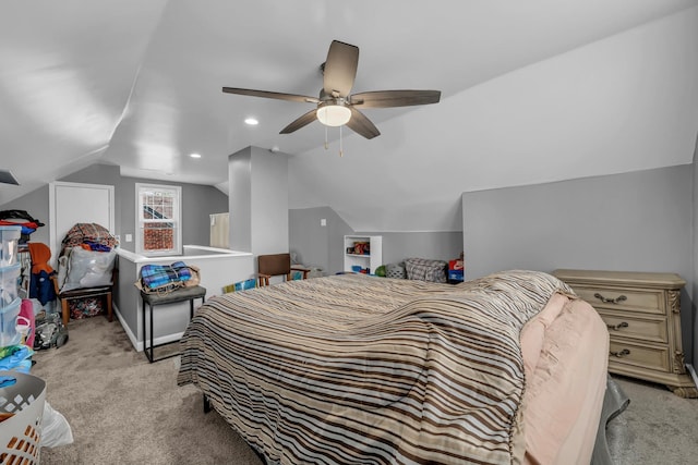 19631 Dwyer St, Detroit, MI 48234 - bedroom featuring ceiling fan, light carpet, and lofted ceiling