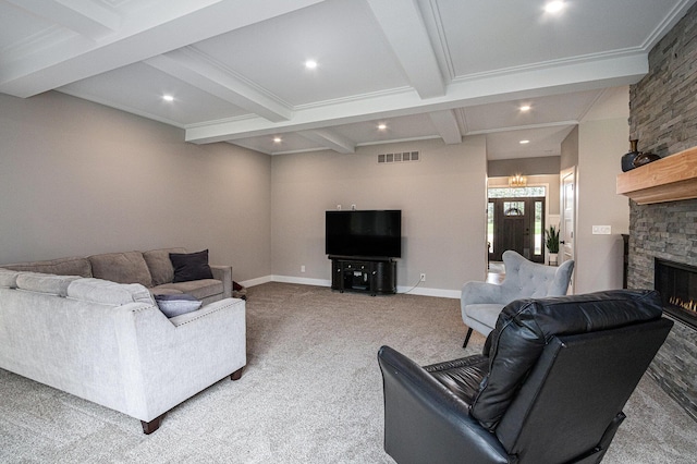 living area featuring light colored carpet, visible vents, a fireplace, beamed ceiling, and recessed lighting