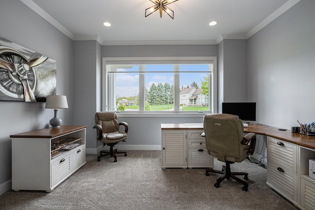 office featuring crown molding, baseboards, carpet flooring, and recessed lighting