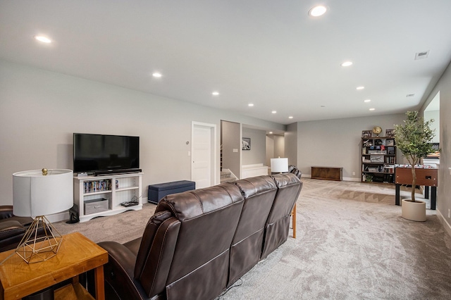 living room with visible vents, light colored carpet, stairway, baseboards, and recessed lighting