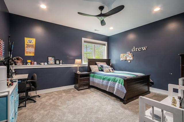 carpeted bedroom with baseboards, a ceiling fan, recessed lighting, and visible vents